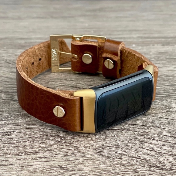 Brown Grain Leather Gold Jewelry Fitbit Charge 5 Band Women Strap Bracelet - Picture 1 of 8